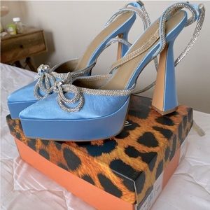 BNIB Blue Satin Rhinestone Bow Platform Pumps Heels, Fits Like a 9.5